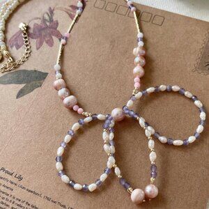 Freshwater Pearl Bow Necklace: Amethyst, Shell, and Gold-Plated Beads